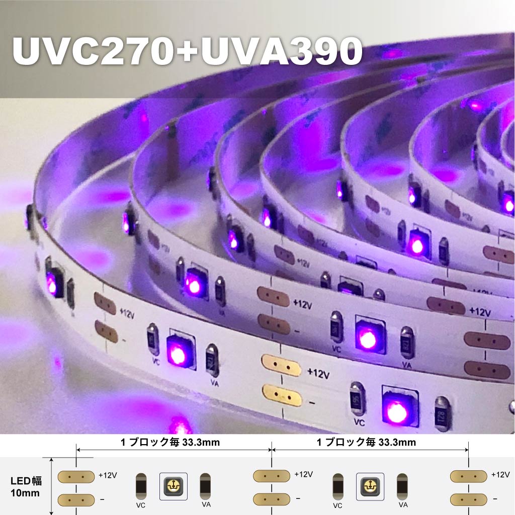 12V UVシリーズ 30leds/m「UVC(270nm)+UVA(390nm)紫外線LEDテープライト」